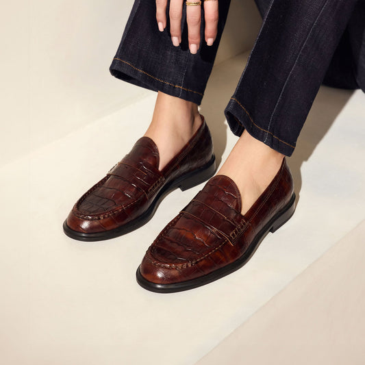 Vendôme Blandine croco brown calfskin leather loafers - - Isabel Bernard