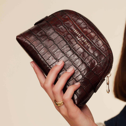 Honoré Babette croco brown calfskin leather toiletry bag - - Isabel Bernard