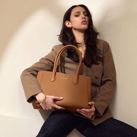 Honoré Cloe Midi camel calfskin leather handbag - - Isabel Bernard