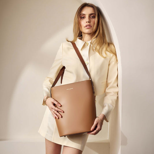 Honoré Lora camel calfskin leather shoulder bag with laptop compartment - - Isabel Bernard