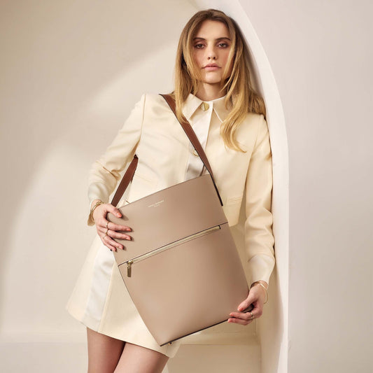 Honoré Flora taupe calfskin leather shoulder bag with laptop compartment - - Isabel Bernard