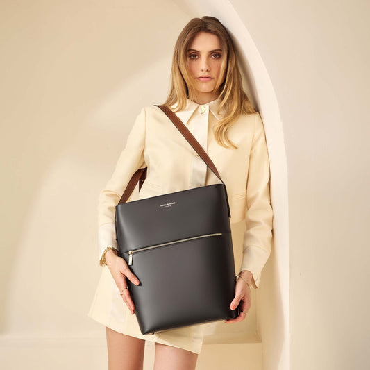 Honoré Flora black calfskin leather shoulder bag with laptop compartment - - Isabel Bernard