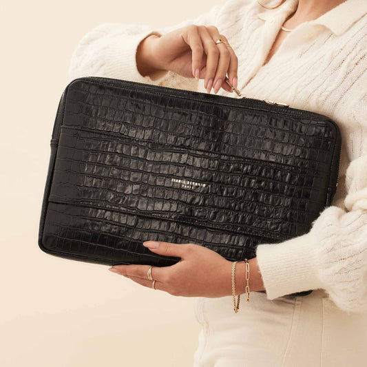 Honoré Caress croco black calfskin leather laptop sleeve - - Isabel Bernard