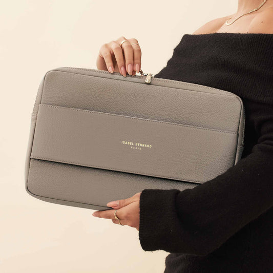 Honoré Caress taupe calfskin leather laptop sleeve - - Isabel Bernard