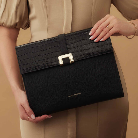 Honoré Clara croco black calfskin leather laptop sleeve with shoulder strap - - Isabel Bernard