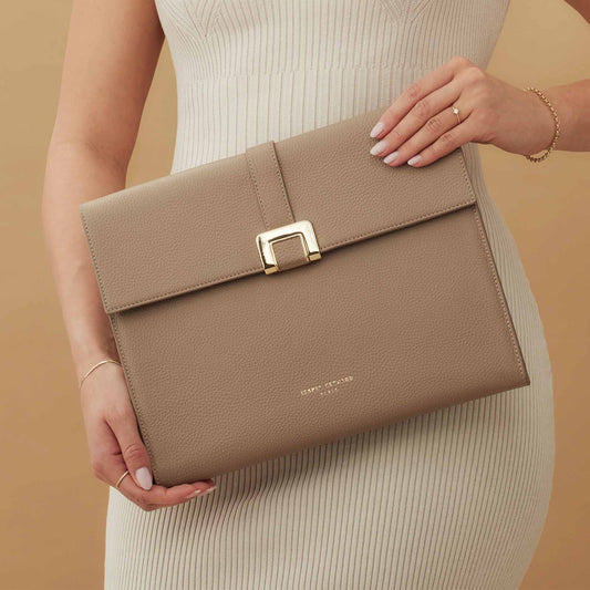 Honoré Clara taupe calfskin leather laptop sleeve with shoulder strap - - Isabel Bernard