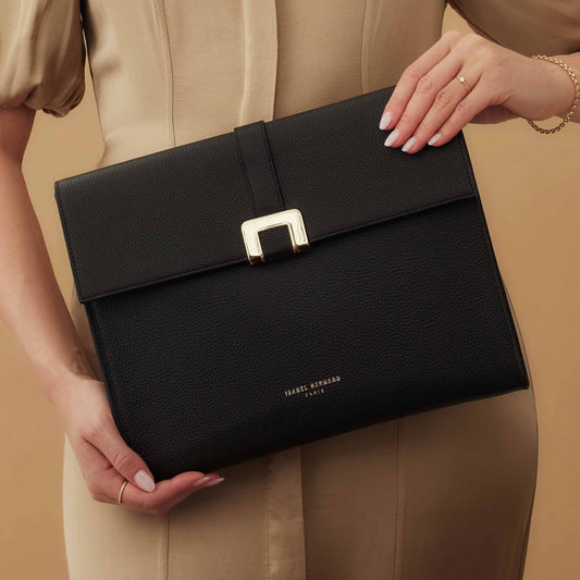 Honoré Clara black calfskin leather laptop sleeve with shoulder strap - - Isabel Bernard