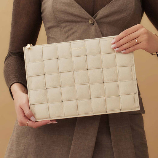 Honoré Cosette cream braided calfskin leather laptop sleeve with shoulder strap - - Isabel Bernard