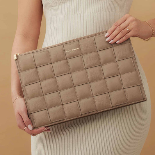 Honoré Cosette taupe braided calfskin leather laptop sleeve with shoulder strap - - Isabel Bernard