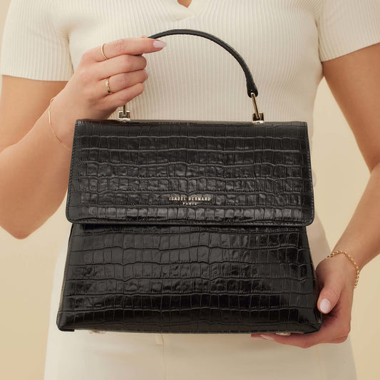 Femme Forte Gisel croco black calfskin leather handbag - - Isabel Bernard