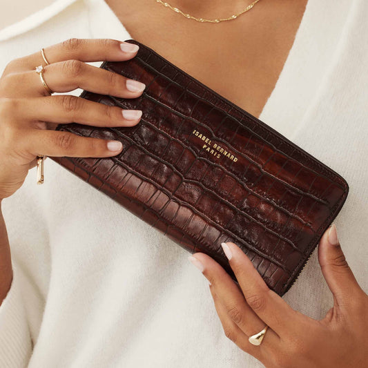 Honoré Léa croco brown calfskin leather zipper wallet - - Isabel Bernard
