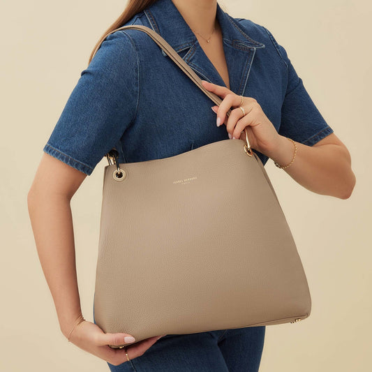 Femme Forte Annabelle taupe calfskin leather shoulder bag - - Isabel Bernard