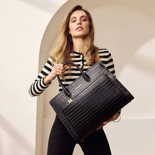 Honoré Nadine croco black calfskin leather handbag with laptop compartment - - Isabel Bernard