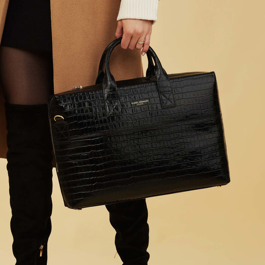Honoré Anique croco black calfskin leather handbag with laptop compartment - - Isabel Bernard