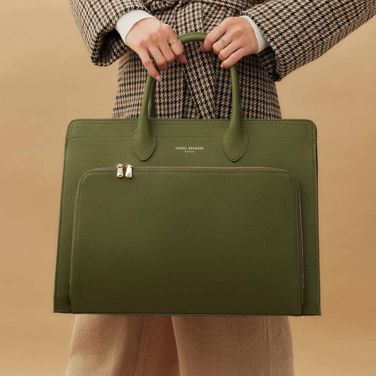 Honoré Nadine green calfskin leather handbag with 16.4 inch laptop compartment - - Isabel Bernard
