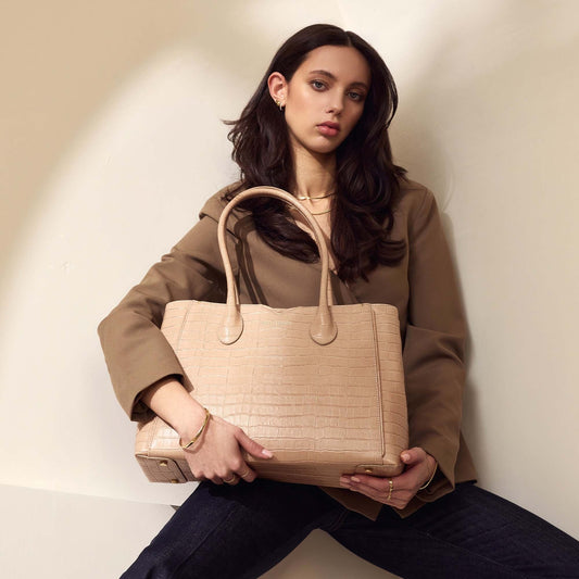 Honoré Cloe croco beige calfskin leather handbag - - Isabel Bernard