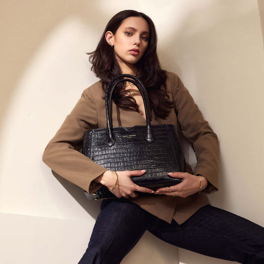 Honoré Cloe Midi croco black calfskin leather handbag - - Isabel Bernard
