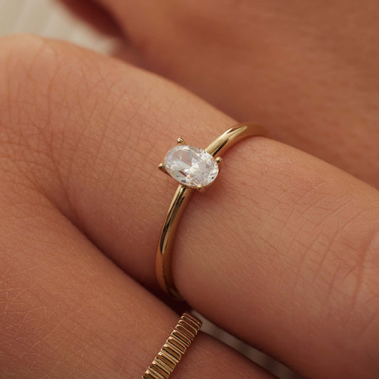 Baguette Genevieve 14 karat gold ring with white zirconia stone - - Isabel Bernard