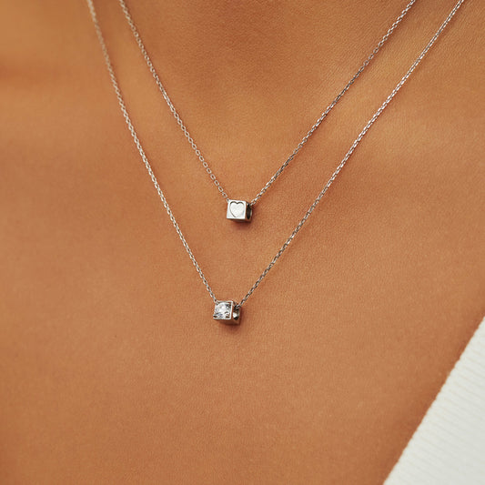 Cadeau d'Isabel 14 karat white gold cube charm with zirconia stone and white gold necklace gift set - - Isabel Bernard