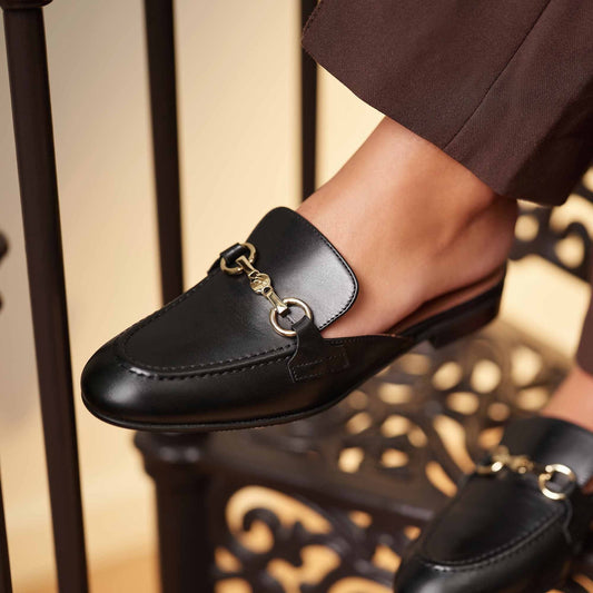 Vendôme Fleur black calfskin leather backless loafers - - Isabel Bernard
