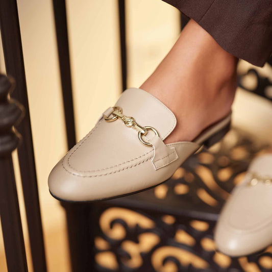 Vendôme Fleur taupe calfskin leather backless loafers - - Isabel Bernard