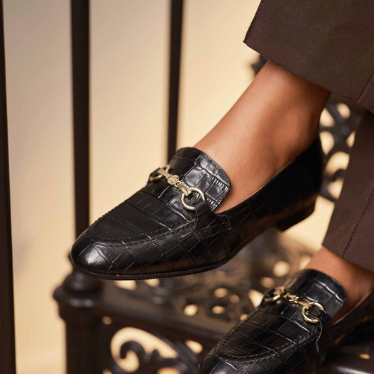 Vendôme Fleur croco black calfskin leather loafers - - Isabel Bernard