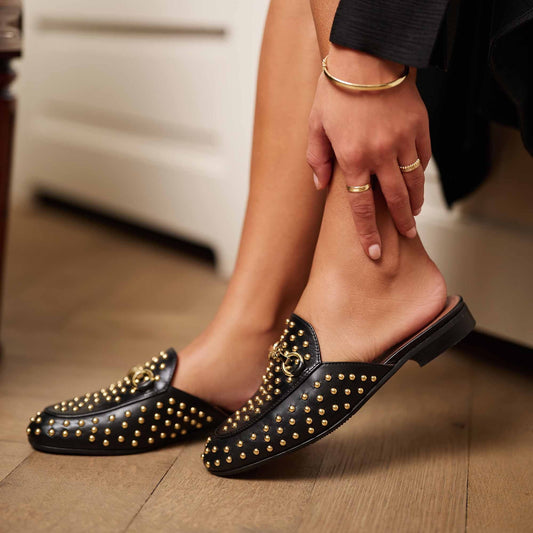 Vendôme Fleur black calfskin leather studded slipper loafers - - Isabel Bernard
