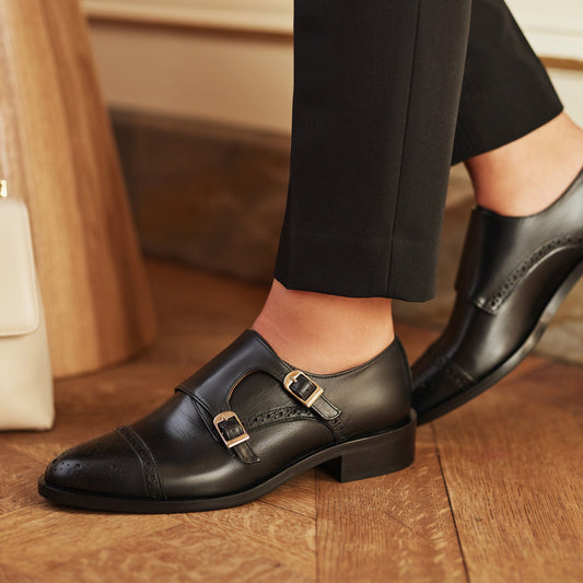 Vendôme Sophie black calfskin leather double monk shoes - - Isabel Bernard