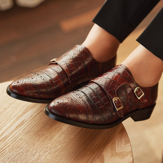 Vendôme Sophie croco brown calfskin leather double monk shoes - - Isabel Bernard