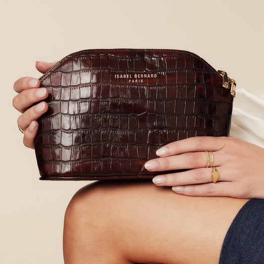 Honoré Brunelle croco brown calfskin leather toiletry bag - - Isabel Bernard