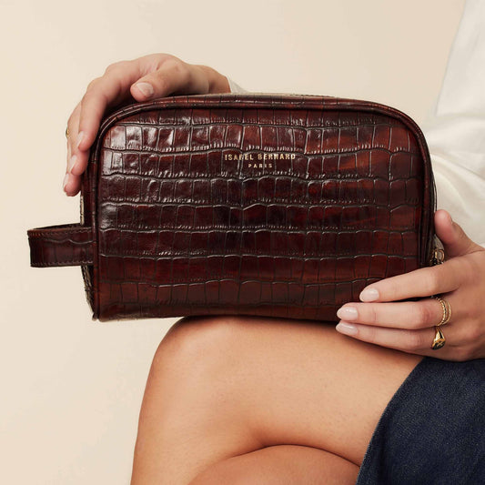 Honoré Blaize croco brown calfskin leather toiletry bag - - Isabel Bernard
