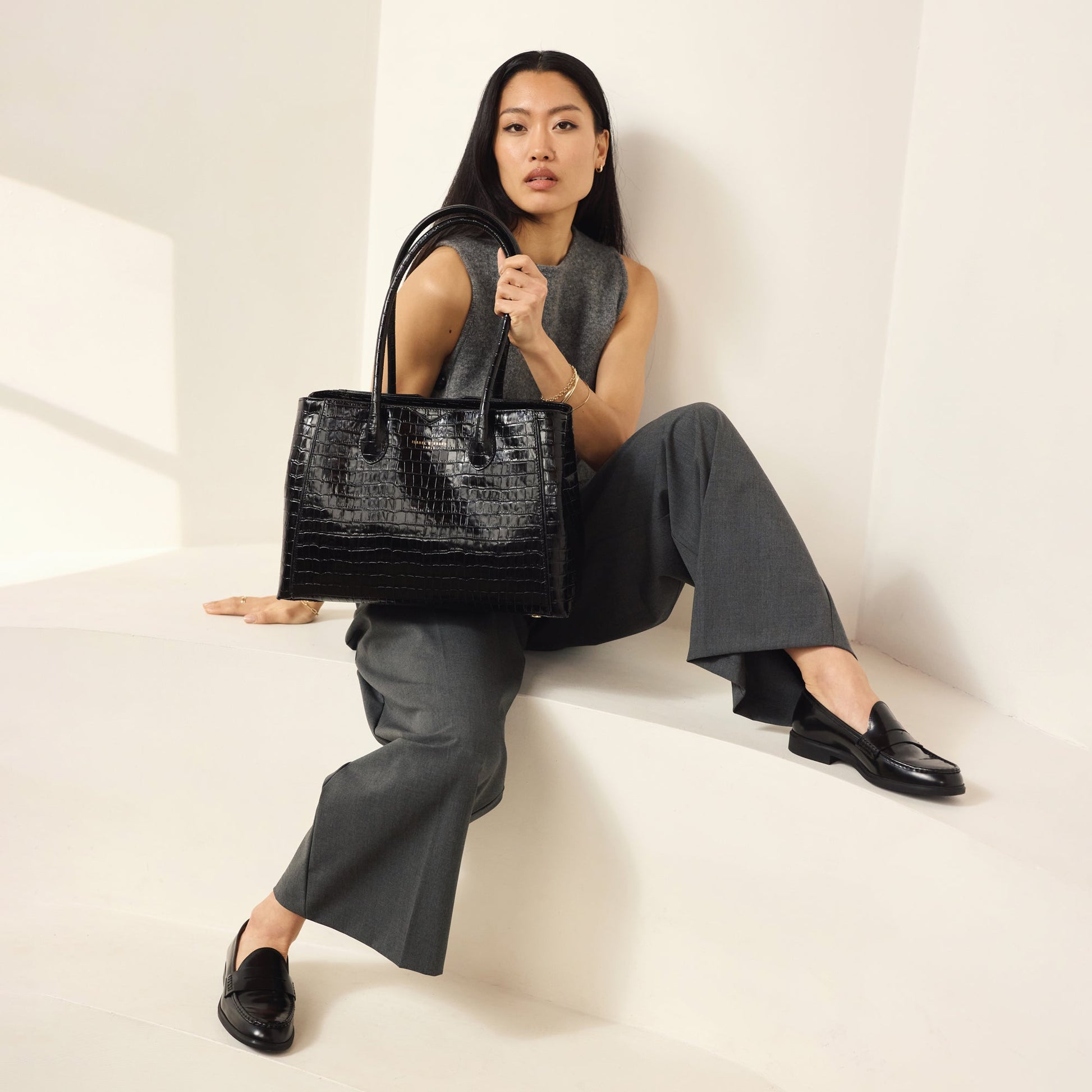 Honoré Cloe croco black calfskin leather handbag - - Isabel Bernard