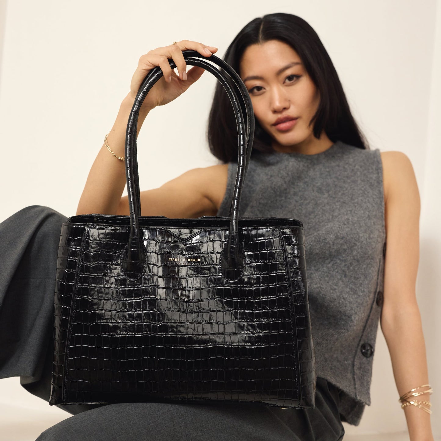 Honoré Cloe croco black calfskin leather handbag - - Isabel Bernard