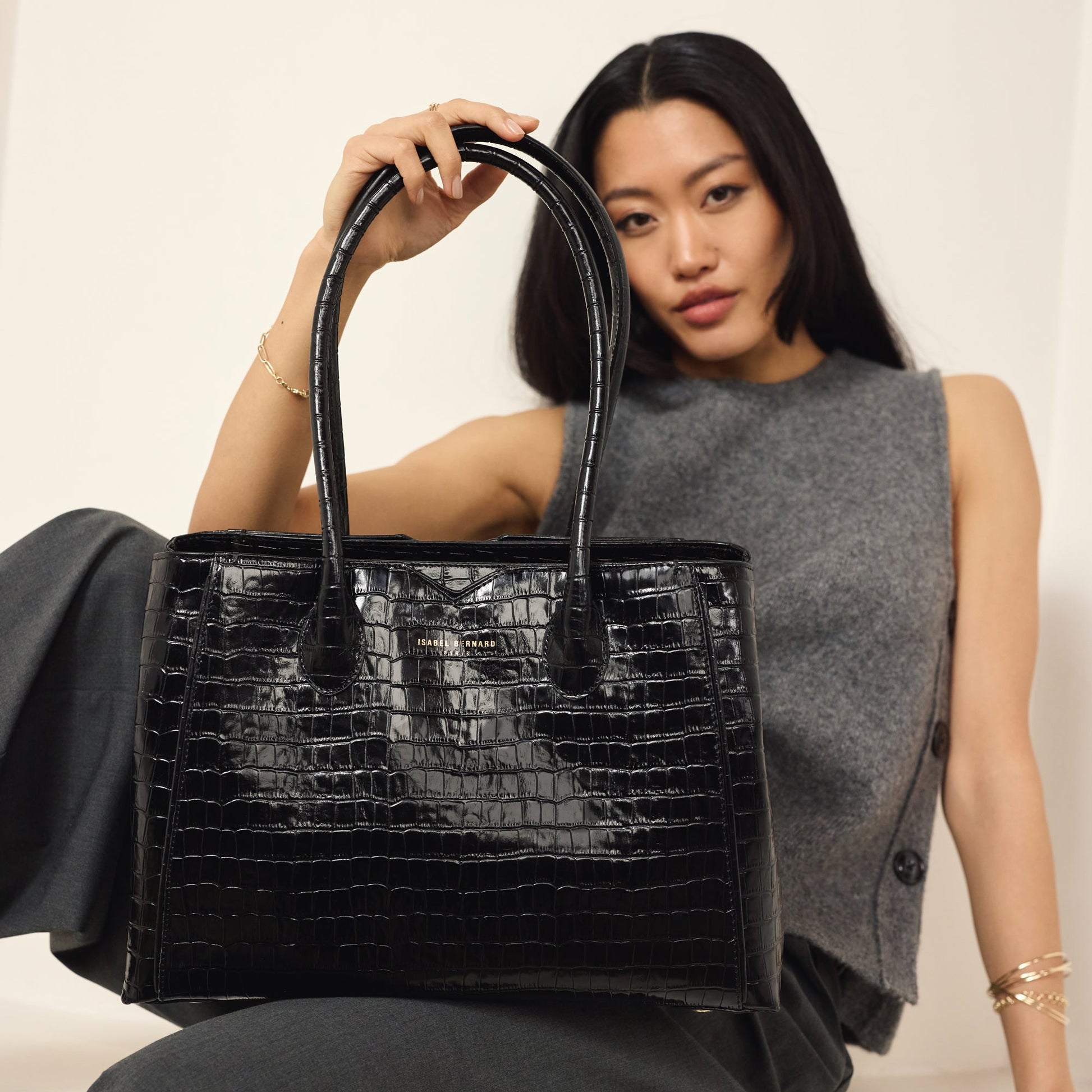 Honoré Cloe croco black calfskin leather handbag - - Isabel Bernard