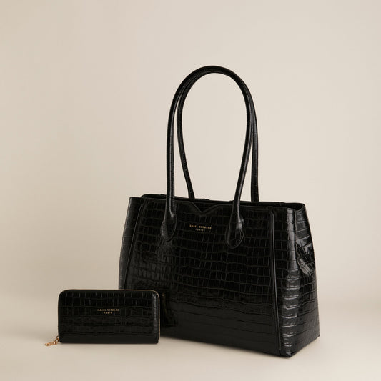 Cadeau d'Isabel croco black calfskin leather handbag and zipper wallet gift set - - Isabel Bernard