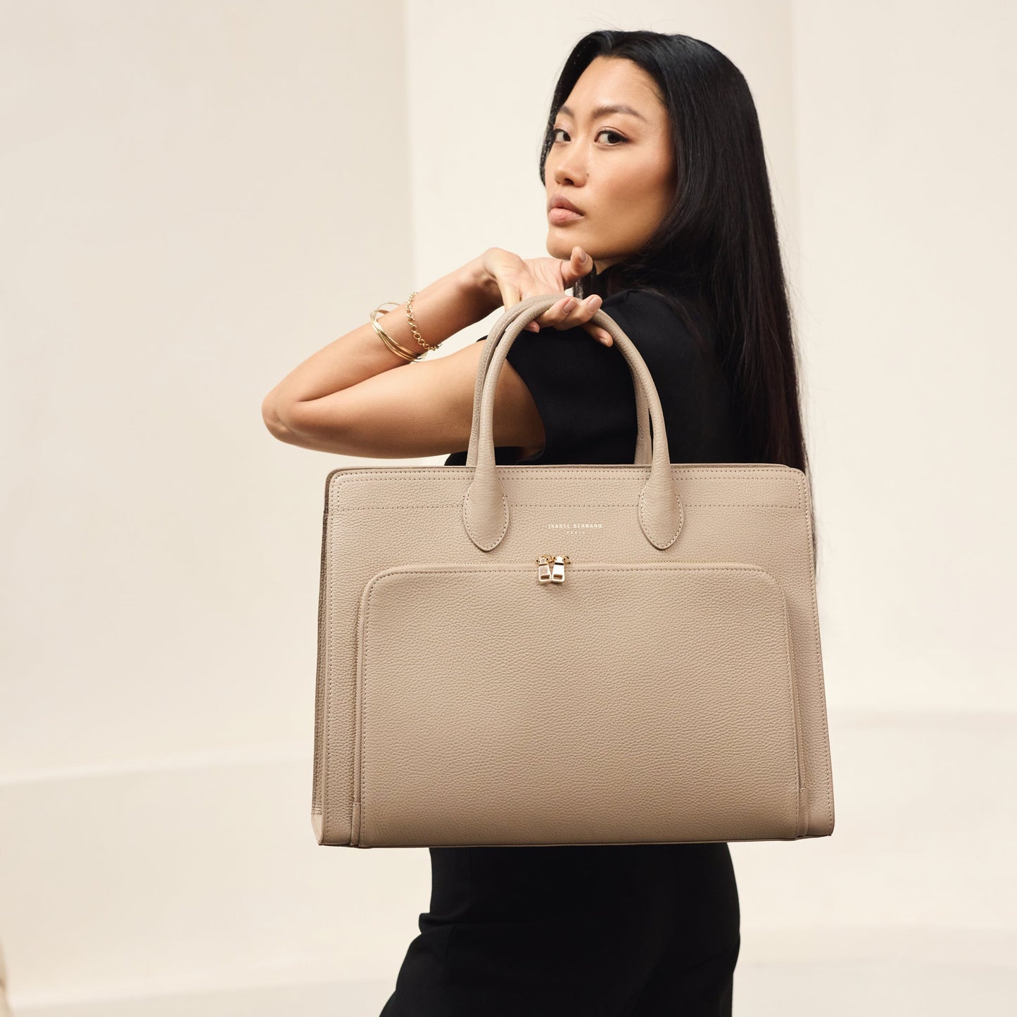 Honoré Nadine taupe calfskin leather handbag with laptop compartment - - Isabel Bernard