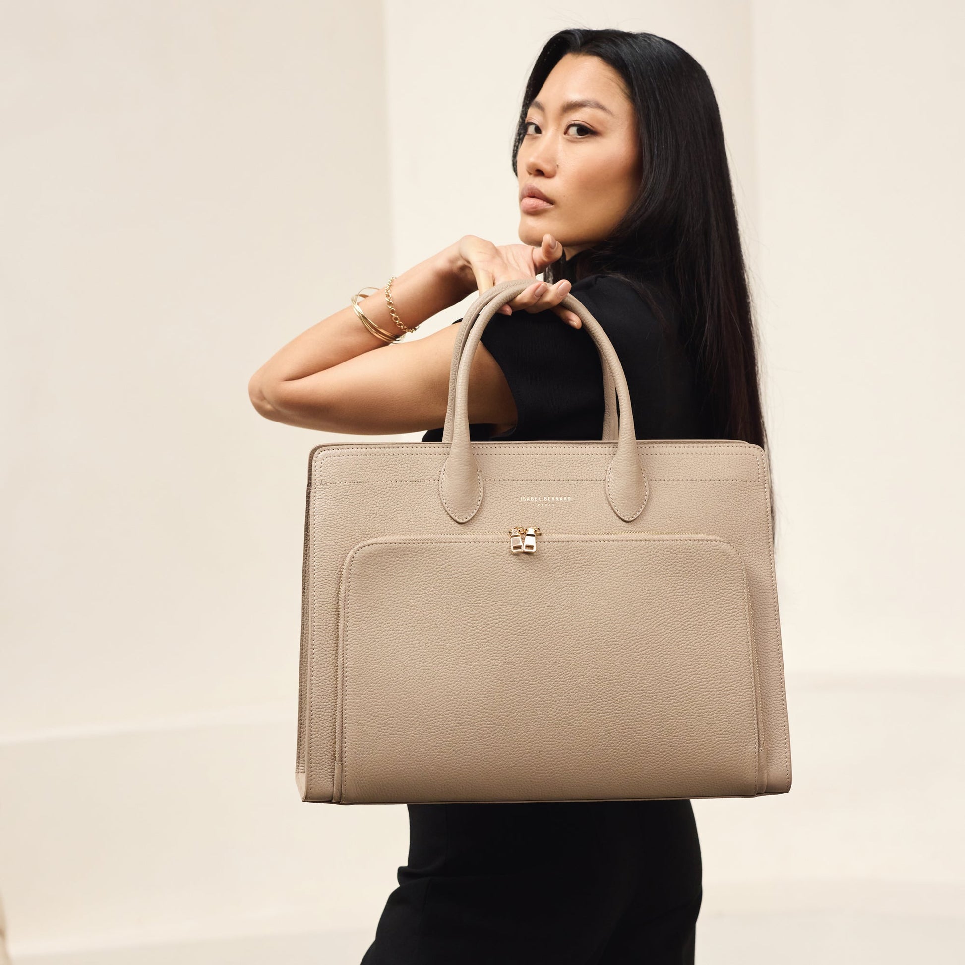 Honoré Nadine taupe calfskin leather handbag with laptop compartment - - Isabel Bernard