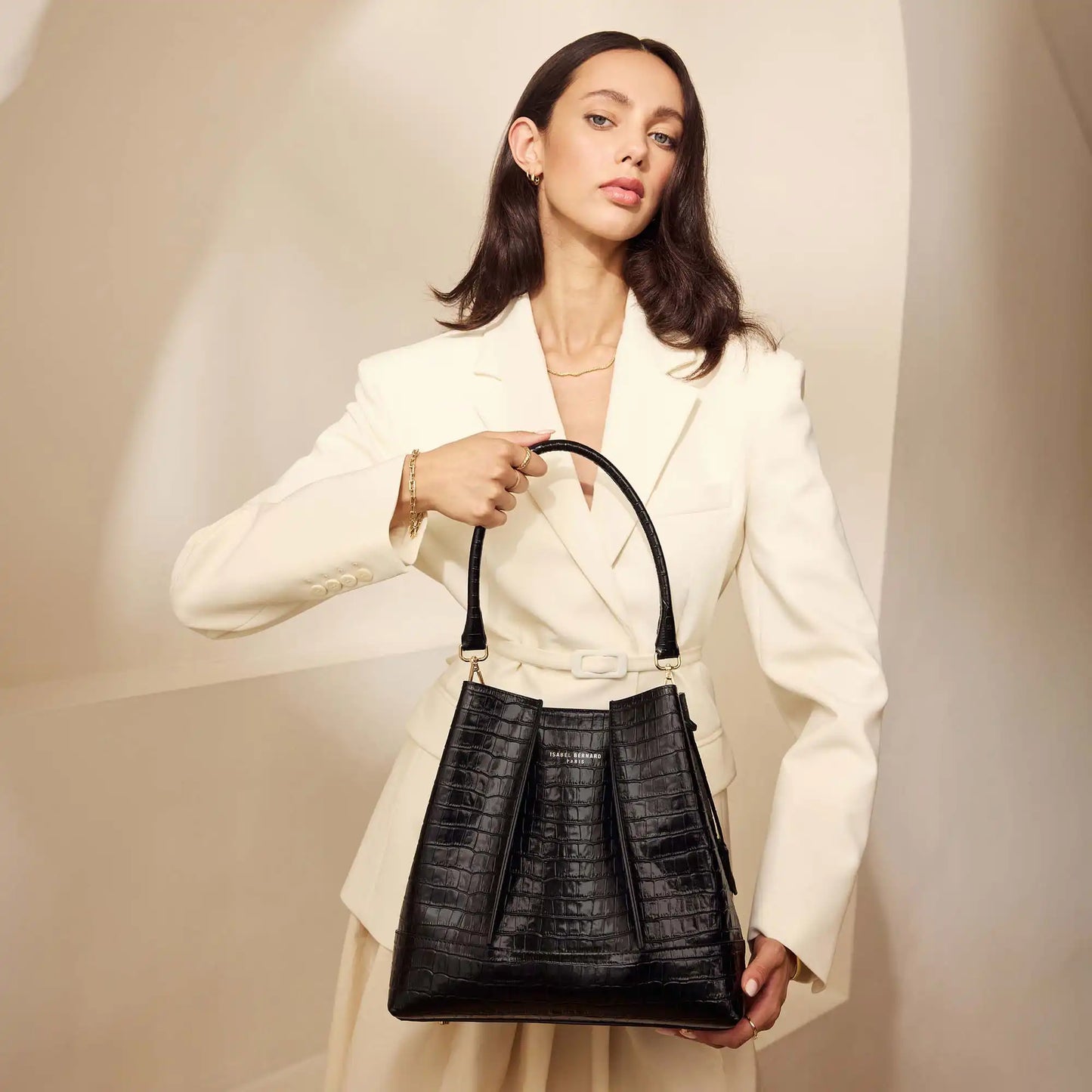 Femme Forte Macie croco black calfskin leather handbag -  - Isabel Bernard