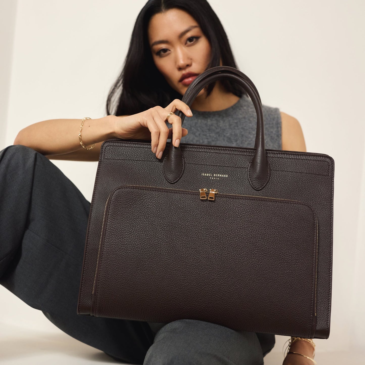 Honoré Nadine brown calfskin leather handbag with laptop compartment - - Isabel Bernard