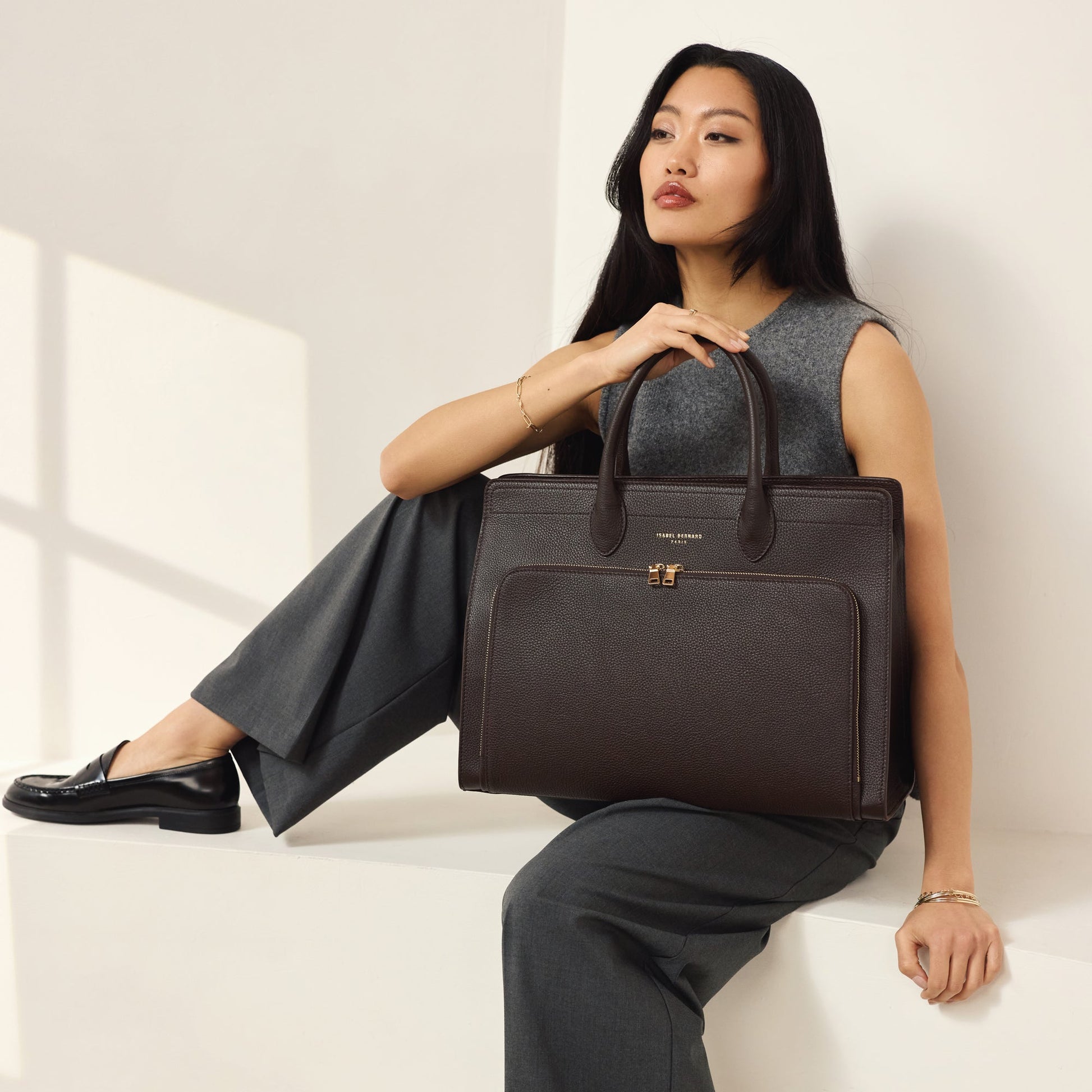 Honoré Nadine brown calfskin leather handbag with laptop compartment - - Isabel Bernard