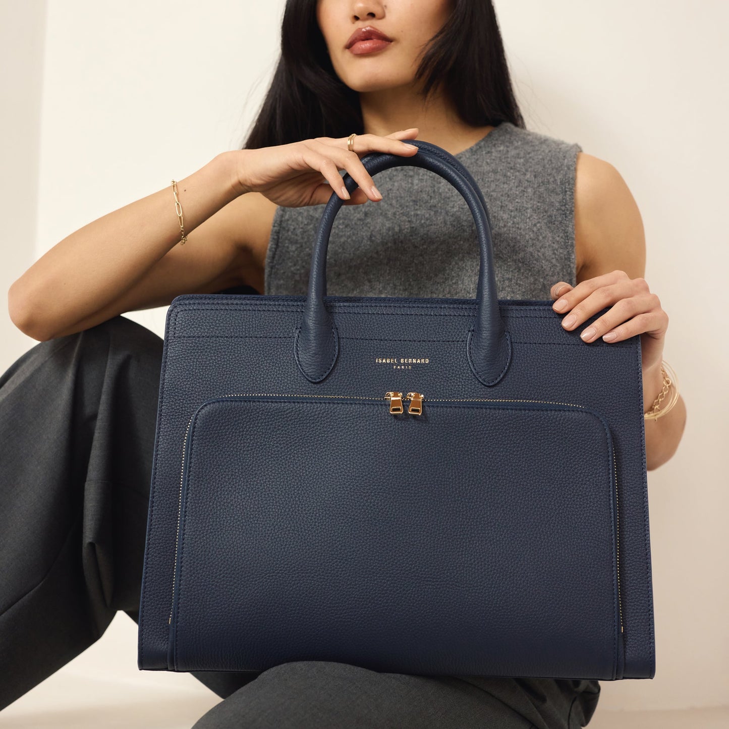 Honoré Nadine blue calfskin leather handbag with laptop compartment - - Isabel Bernard