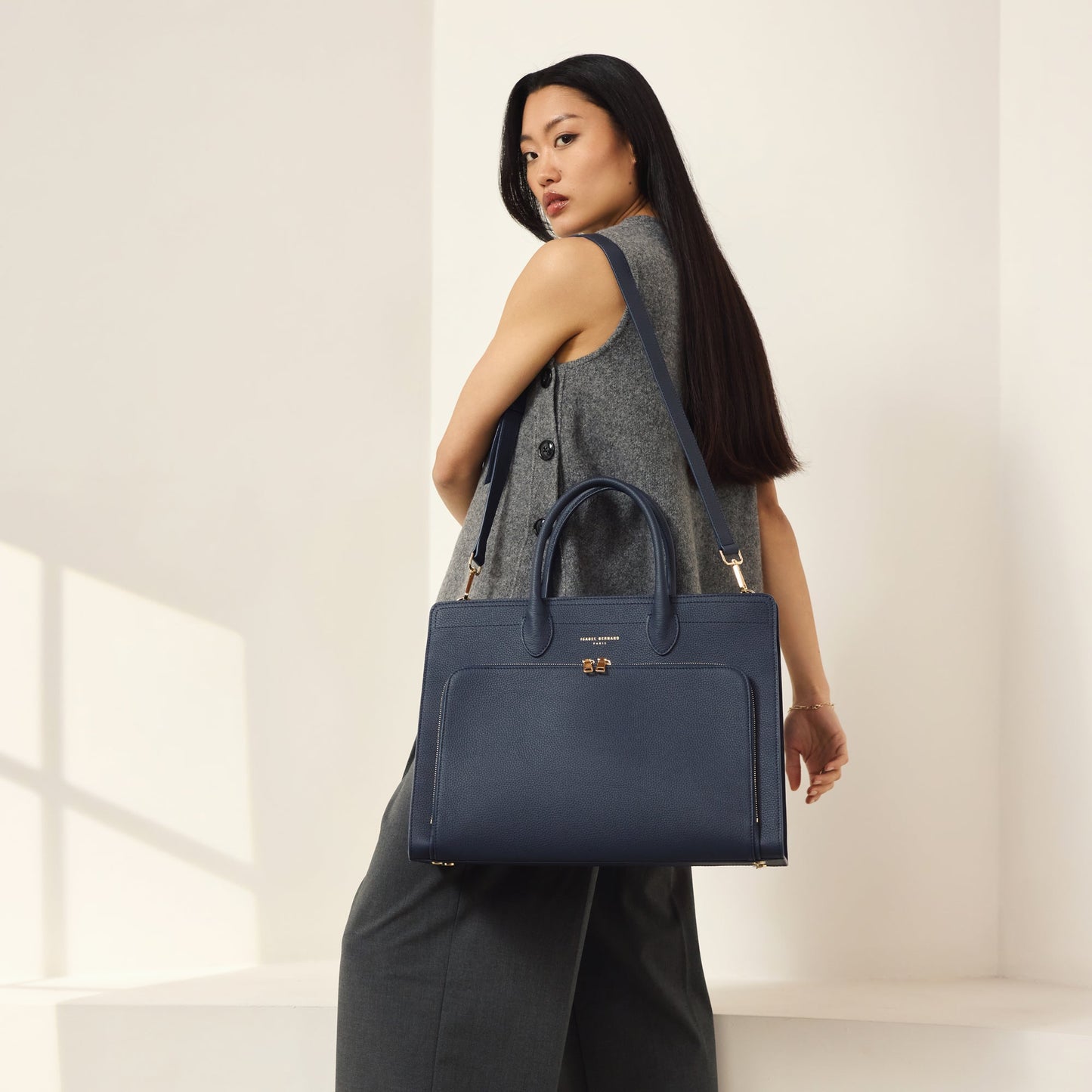 Honoré Nadine blue calfskin leather handbag with laptop compartment - - Isabel Bernard