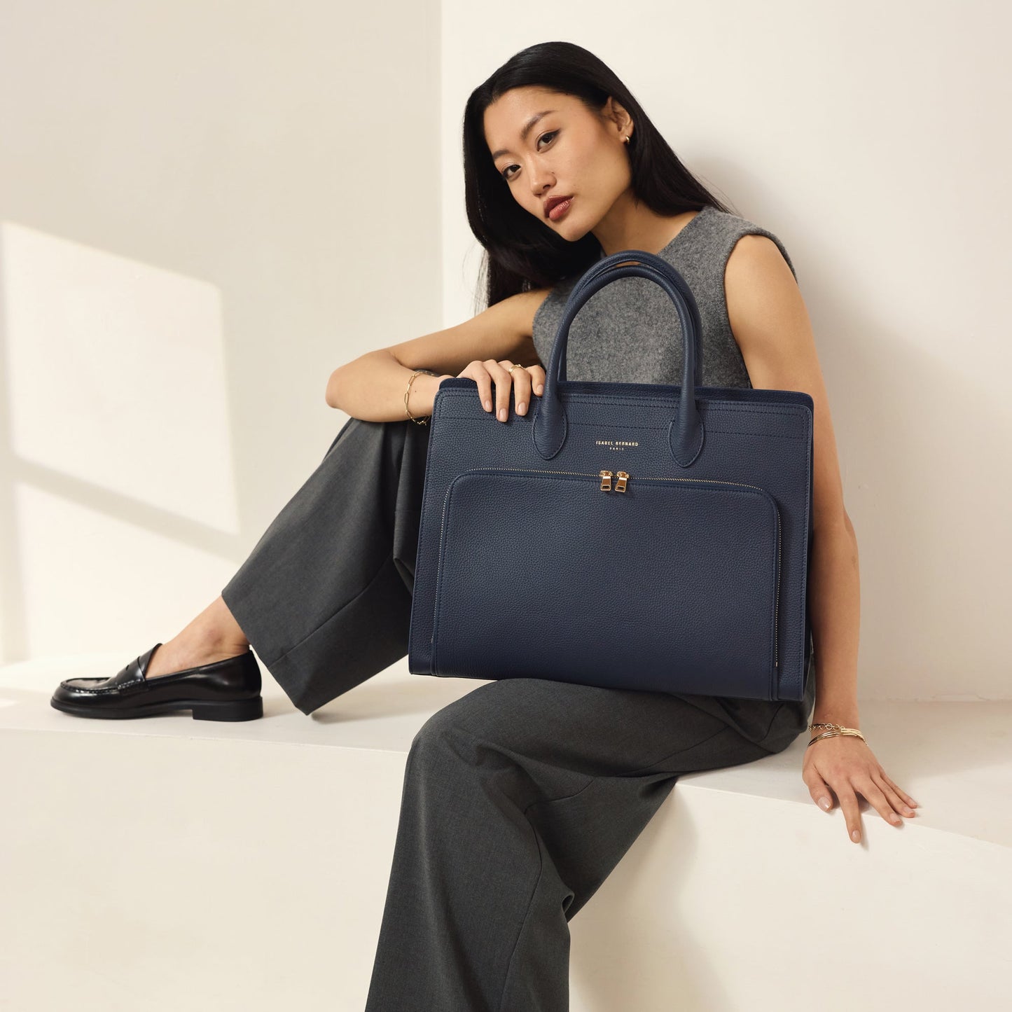 Honoré Nadine blue calfskin leather handbag with laptop compartment - - Isabel Bernard