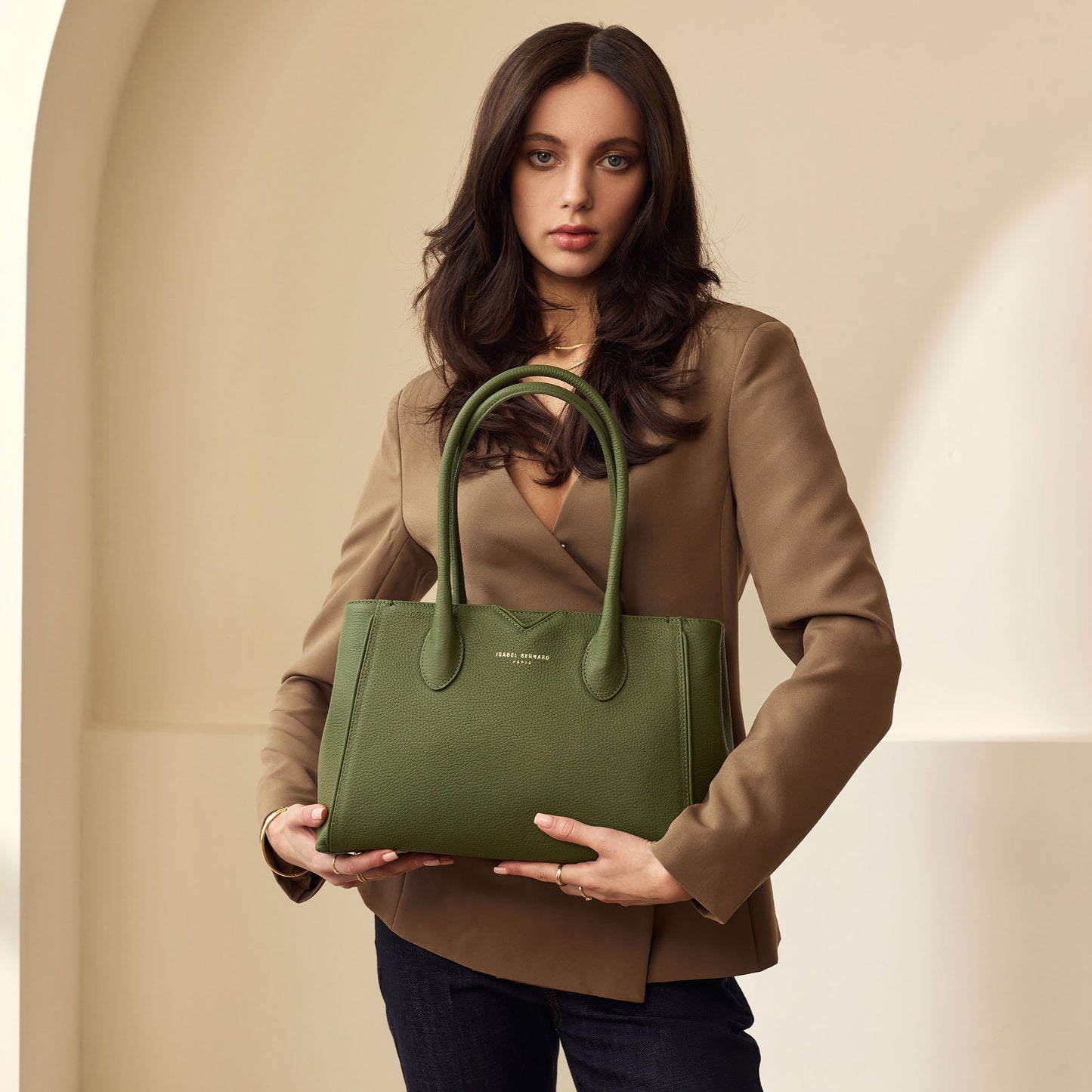 Honoré Cloe Midi green calfskin leather handbag -  - Isabel Bernard