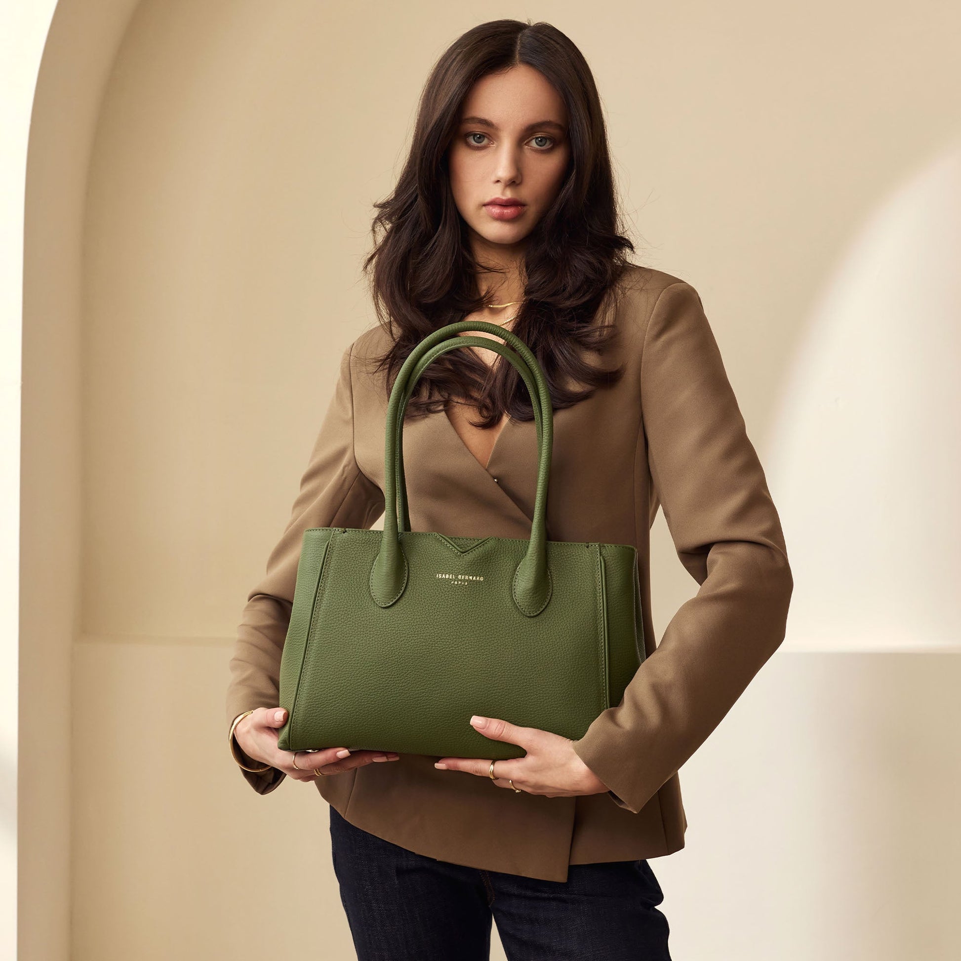 Honoré Cloe Midi green calfskin leather handbag -  - Isabel Bernard