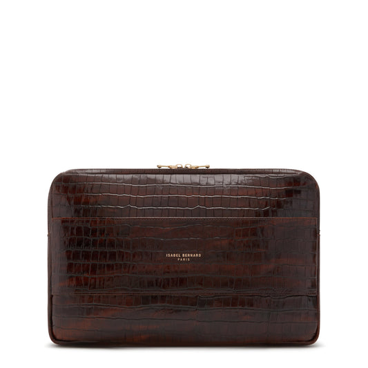 Honoré Caress croco brown calfskin leather laptop sleeve -  - Isabel Bernard
