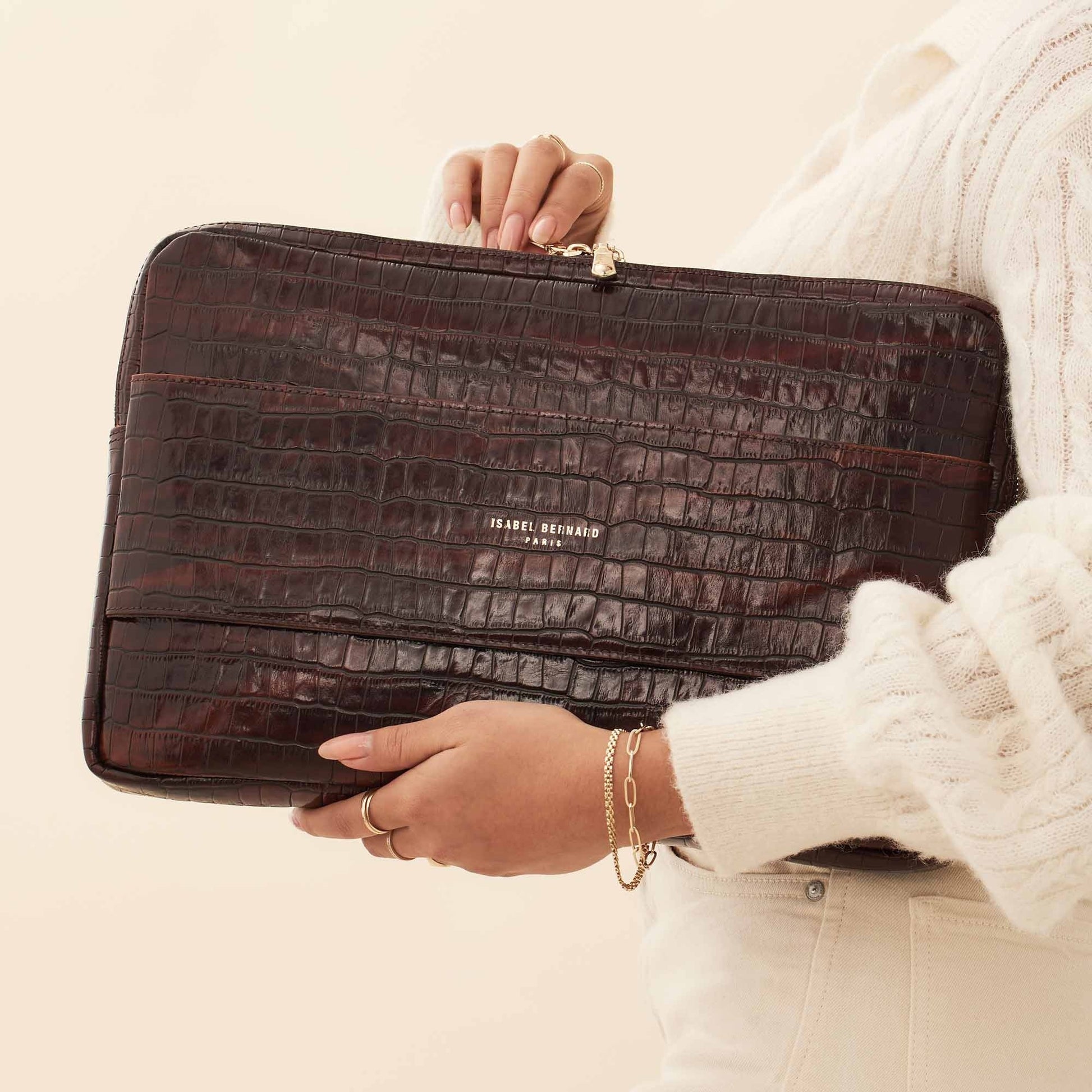 Honoré Caress croco brown calfskin leather laptop sleeve -  - Isabel Bernard