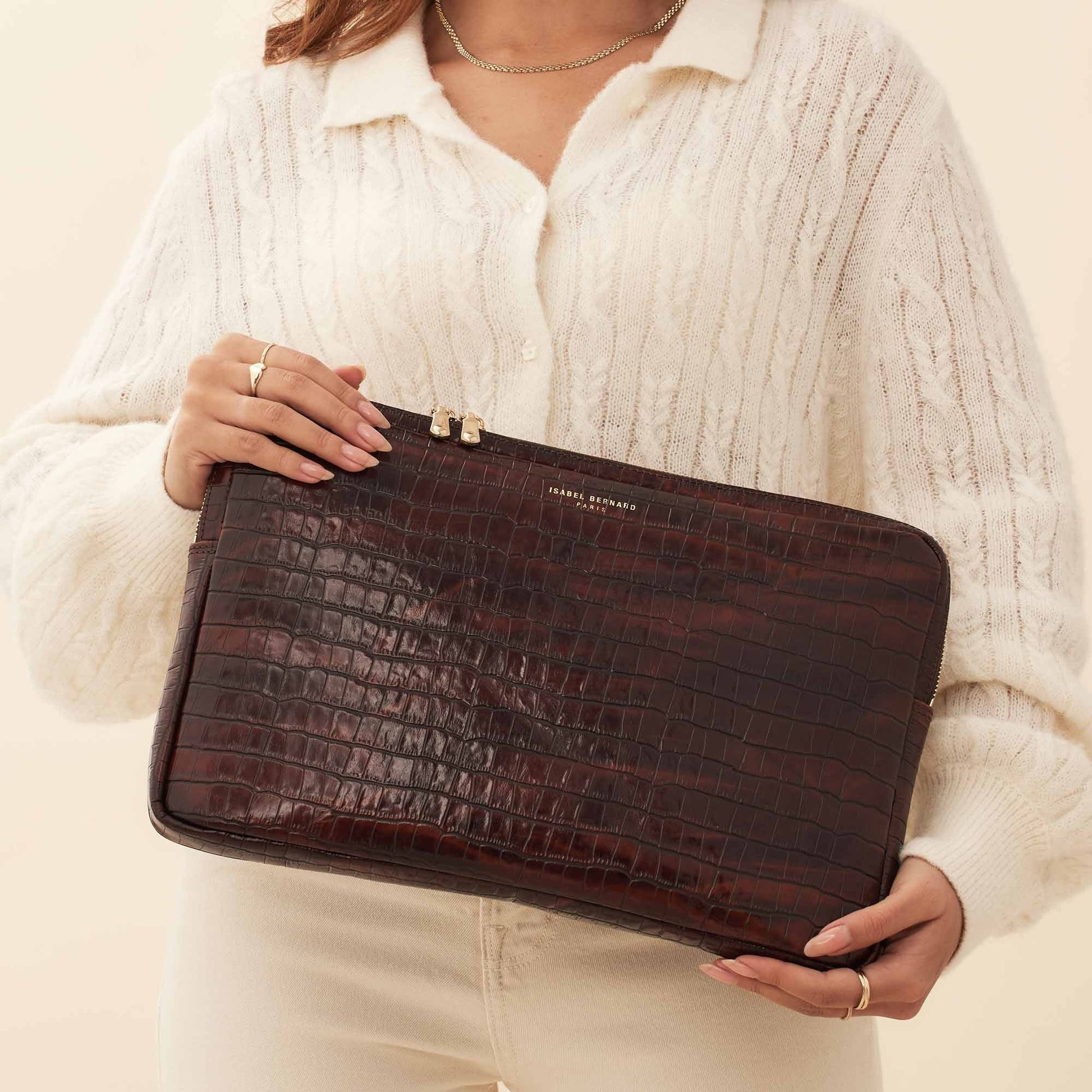 Honoré Caress croco brown calfskin leather laptop sleeve -  - Isabel Bernard