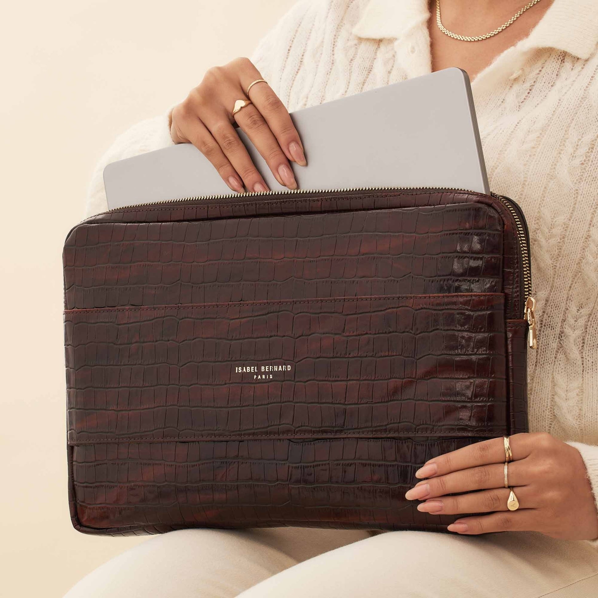 Honoré Caress croco brown calfskin leather laptop sleeve -  - Isabel Bernard