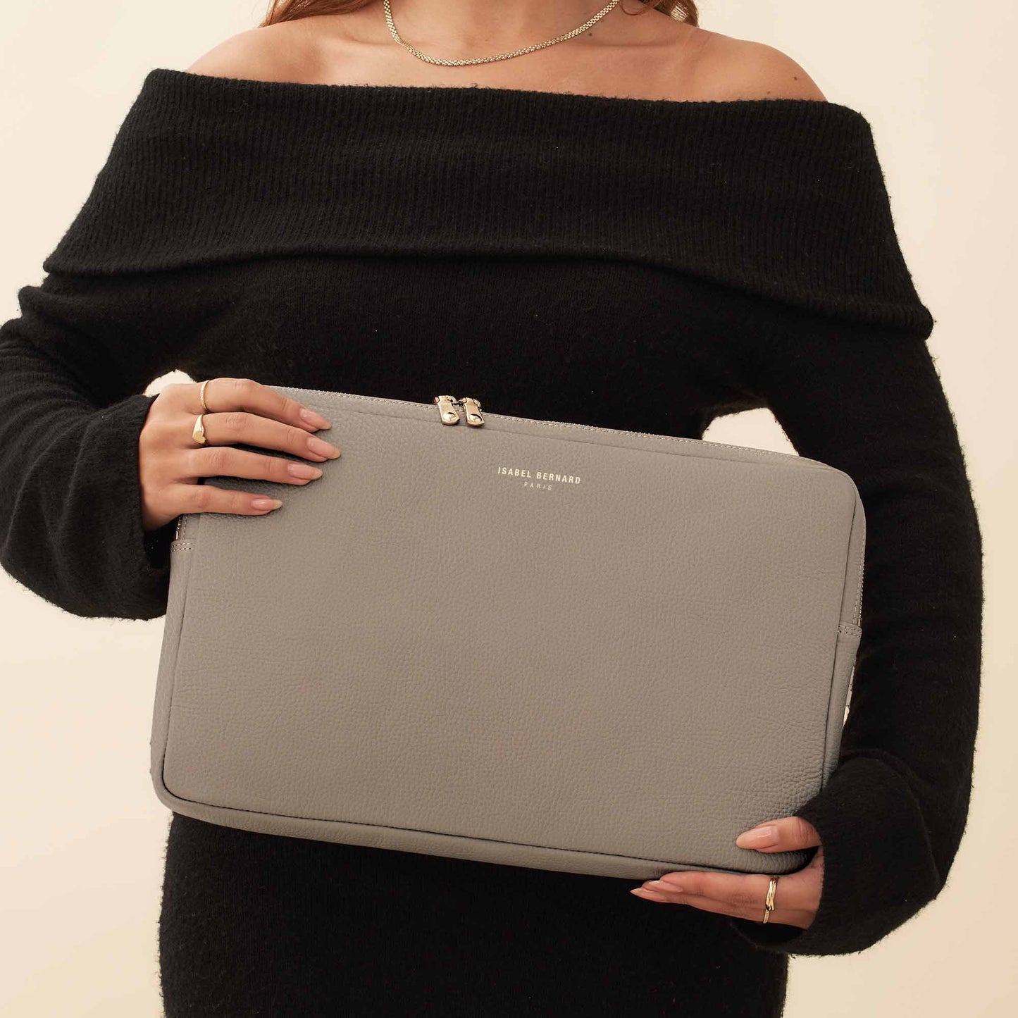 Honoré Caress taupe calfskin leather laptop sleeve -  - Isabel Bernard